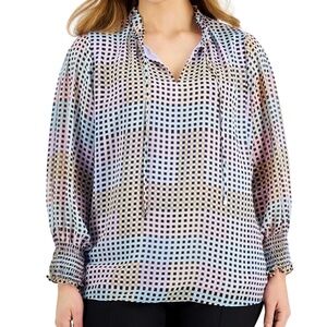 Calvin Klein Womens Size 3X Ruffle Collar Pullover Blouse Multi Color Check LS